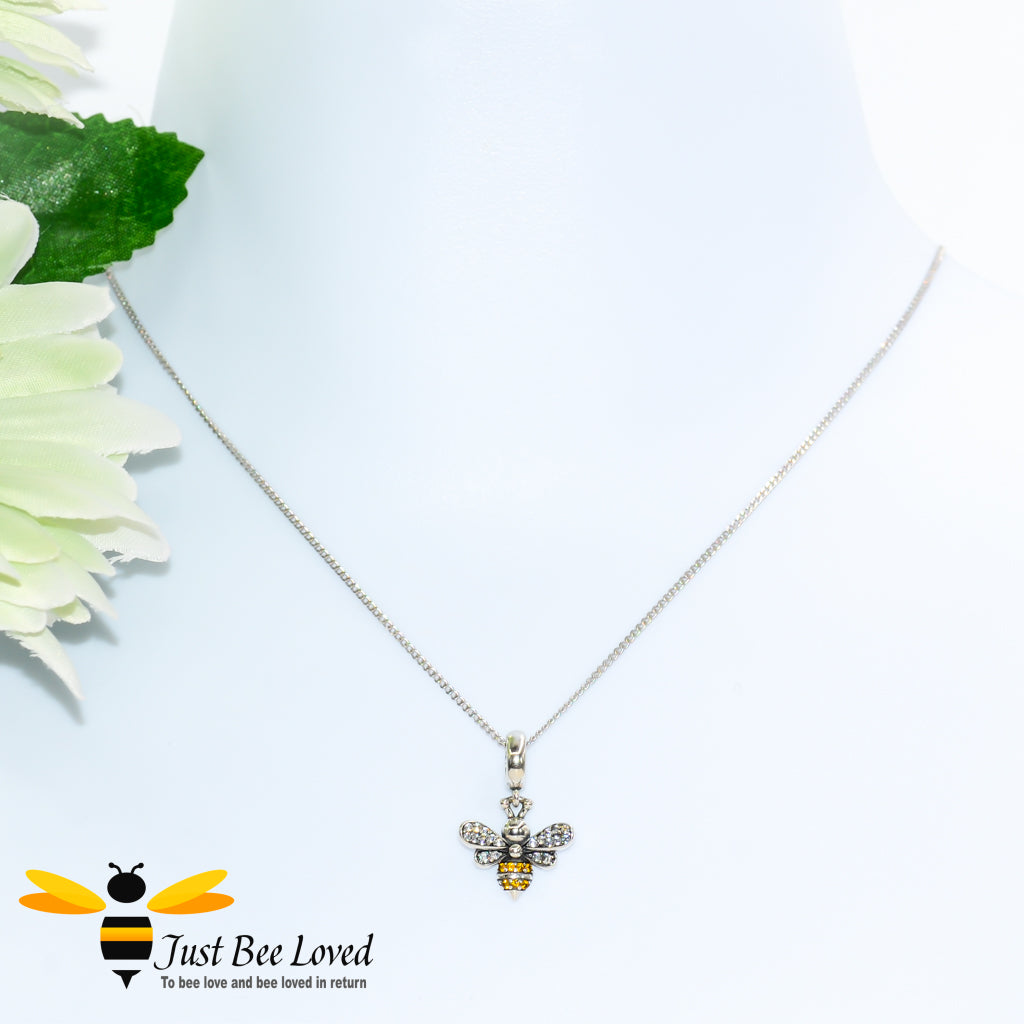 Sterling Silver 925 Necklace with bee pendant encrusted with white and orange zirconia crystals