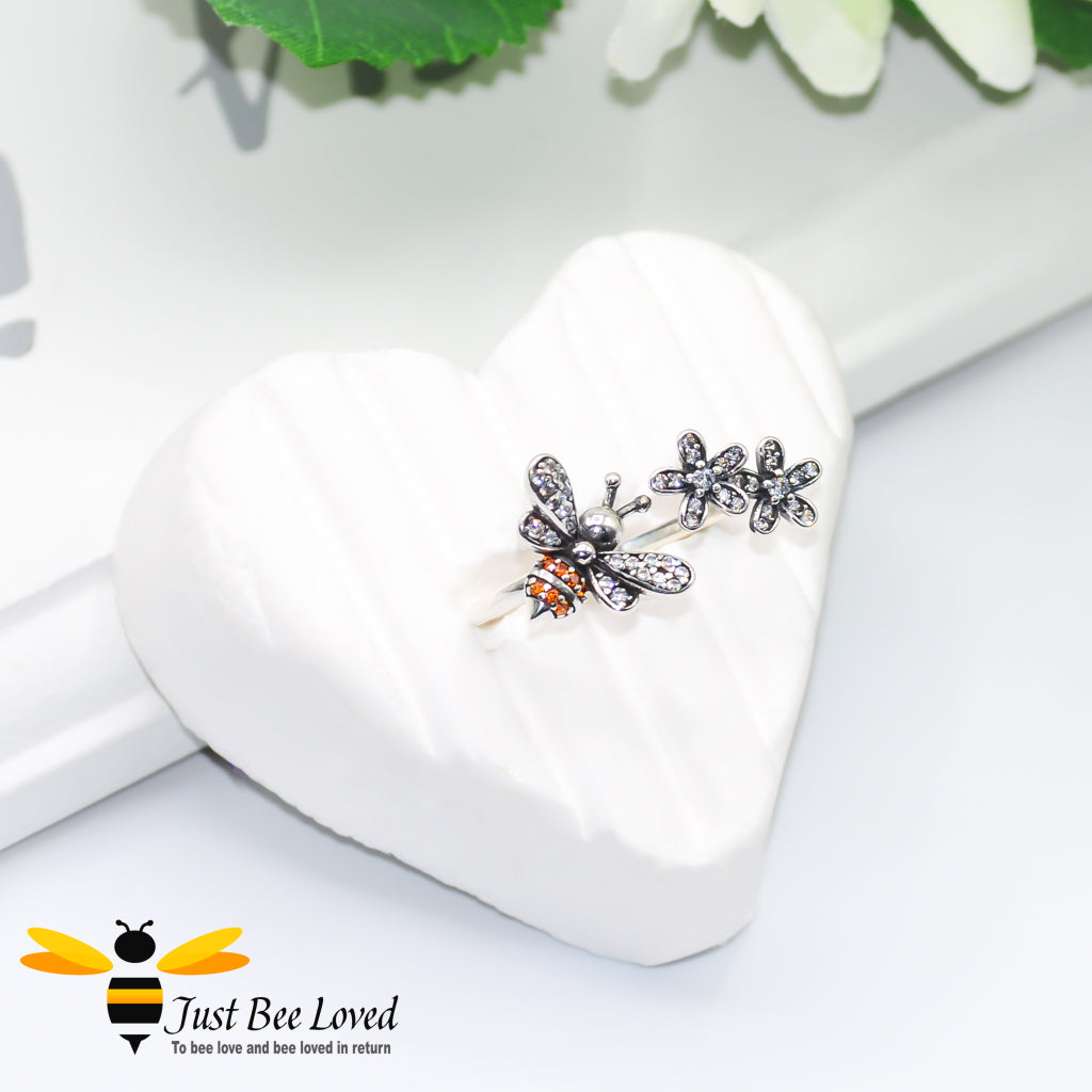 Sterling Silver 925 Bee & Flowers Open Ring
