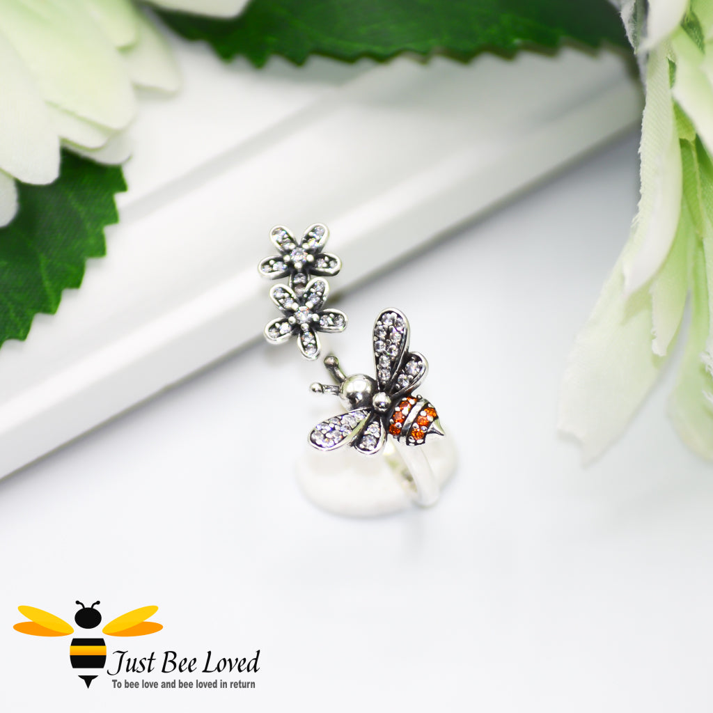 Sterling Silver 925 Bee & Flowers Open Ring