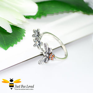 Sterling Silver 925 Bee & Flowers Open Ring