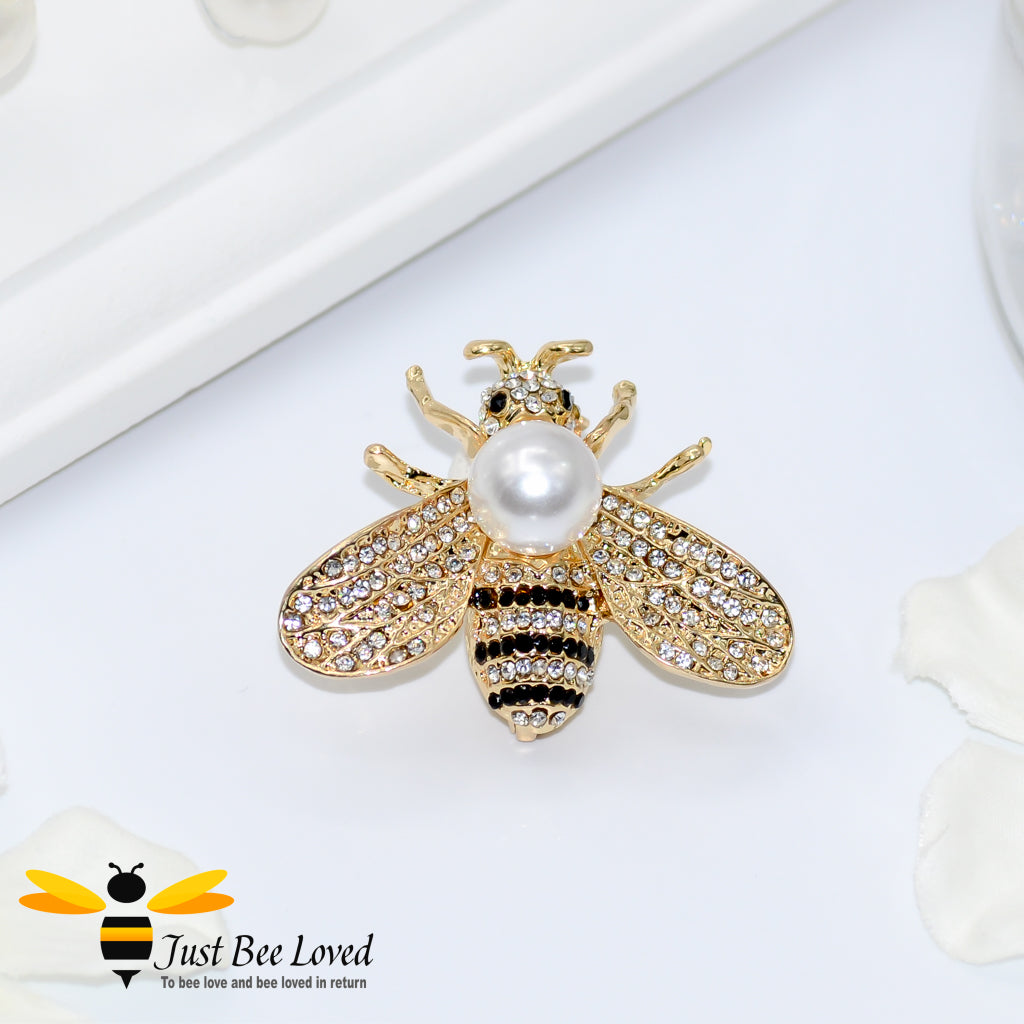 Pearl & Crystals Gold Plated Bee Brooch 
