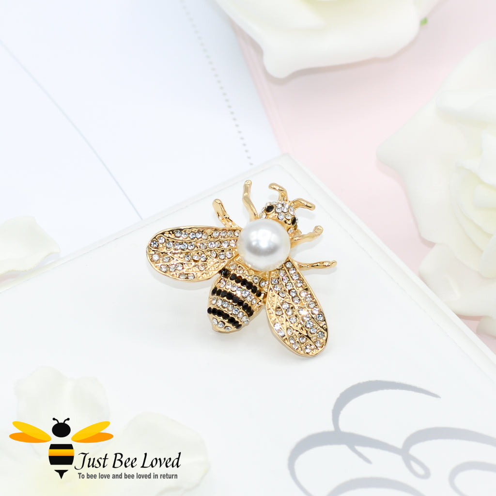 Pearl & Crystals Gold Plated Bee Brooch 