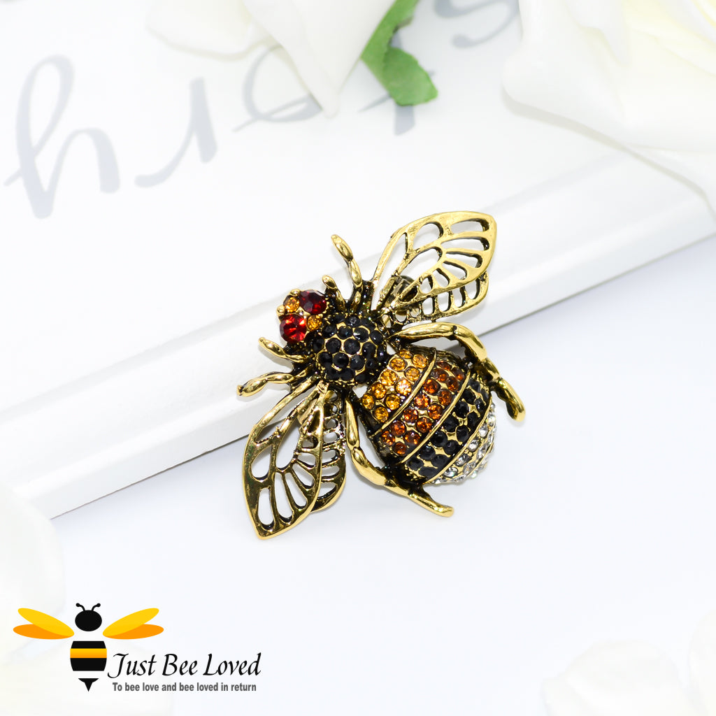 Gold Metallic Crystal Bee Brooch