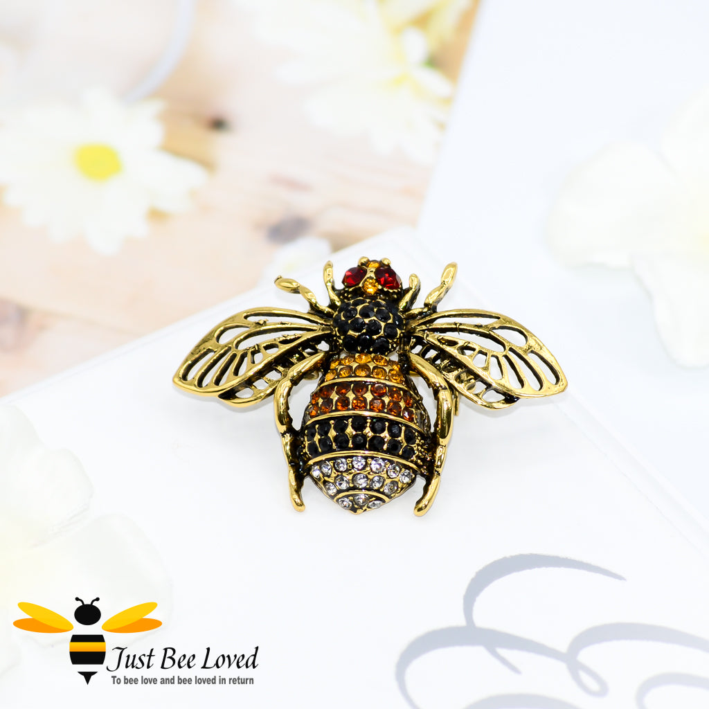 Gold Metallic Crystal Bee Brooch