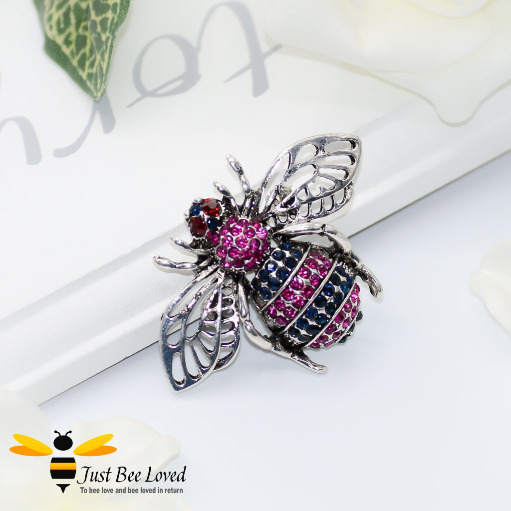 Silver Metallic Crystal Bee Brooch with pink and blue stripes