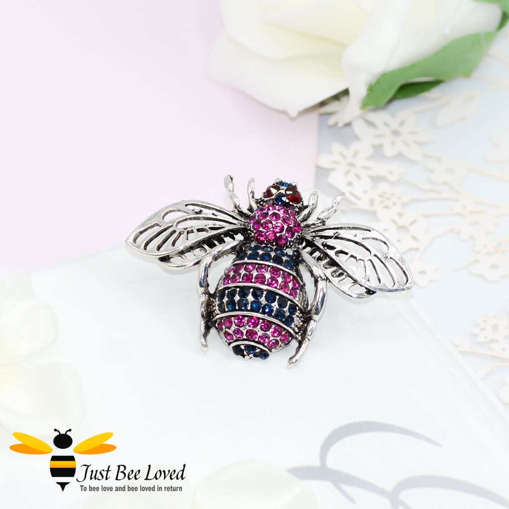 Silver Metallic Crystal Bee Brooch with pink and blue stripes