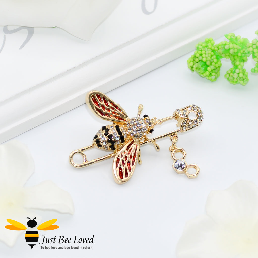 Safety Pin Crystal Red Bee Brooch