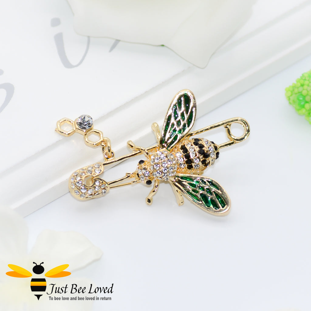 Safety Pin Crystal Green Bee Brooch