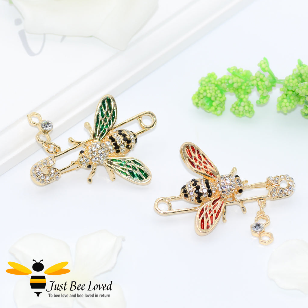 Safety Pin Style Bee Crystal Brooches