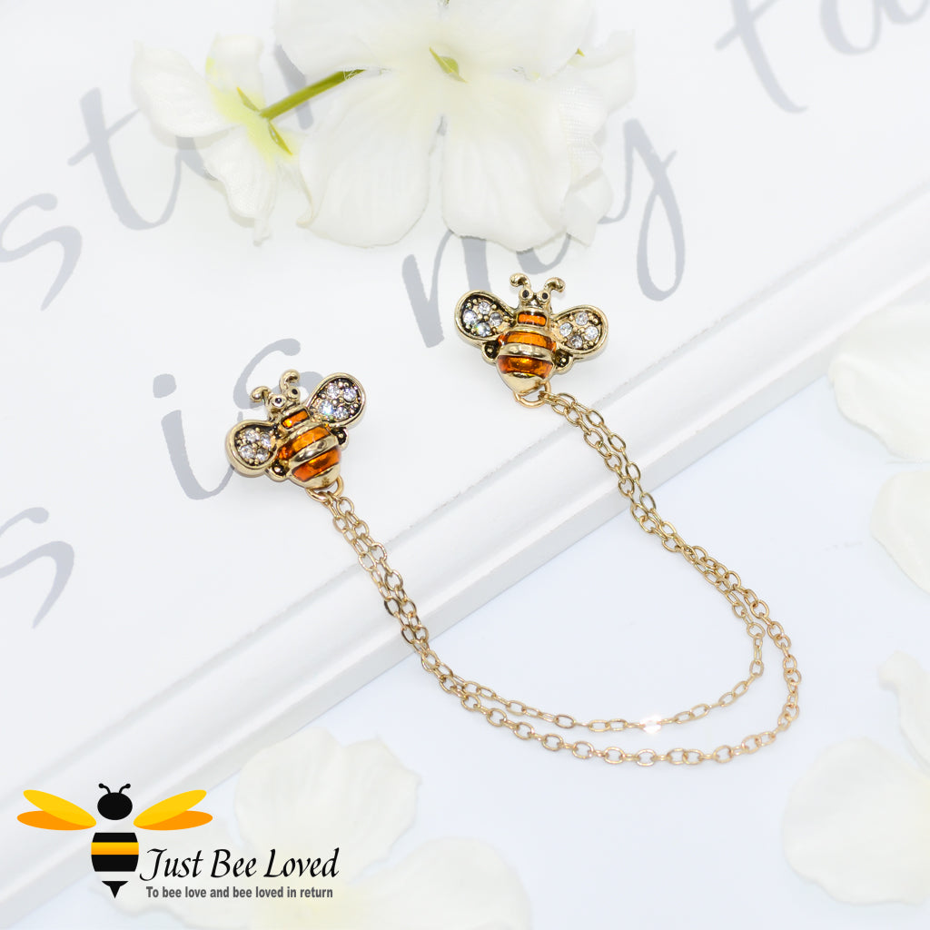Twin Orange Bees Double Gold Chain Crystal Brooch