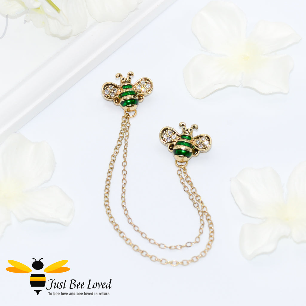 Twin Green Bees Double Gold Chain Brooch