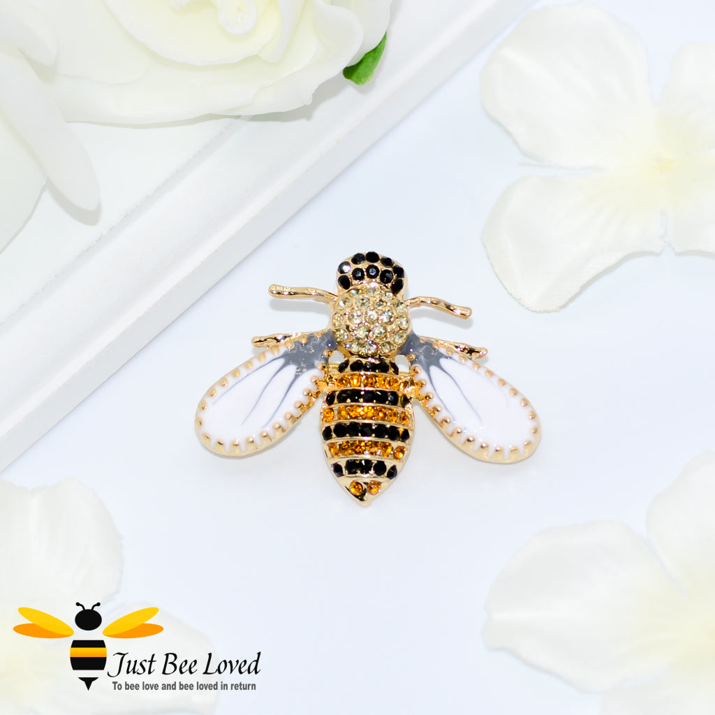 Pearl White Winged Black Zircon Crystal Bee Brooch Bee