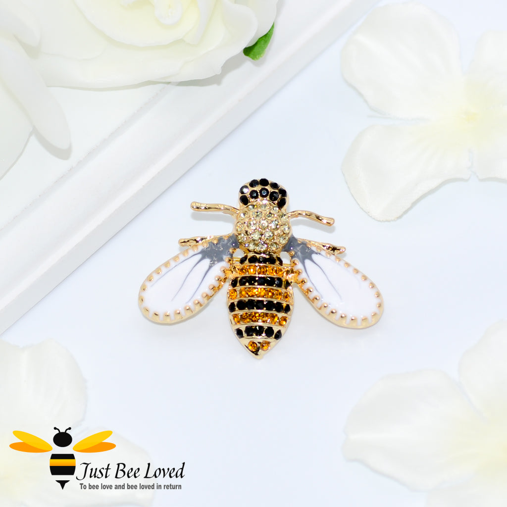 Pearl White Winged Black Zircon Rhinestone Crystal Bee Brooch Bee Trendy Fashion Jewellery