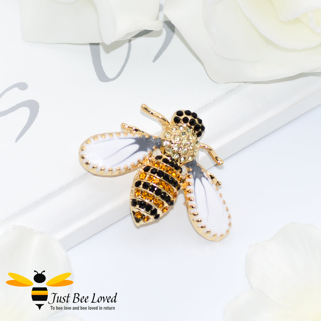 Pearl White Winged Crystal Bee Brooch