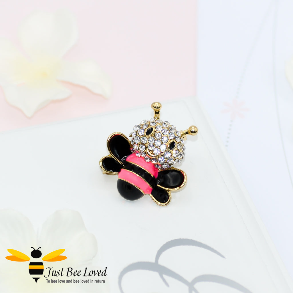 Pink and black Crystal encrusted bee Brooch 