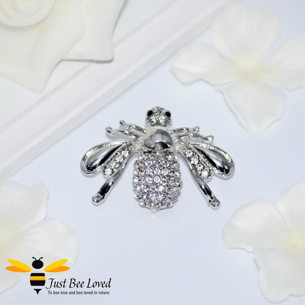 Silver White Crystal Bee Brooch 