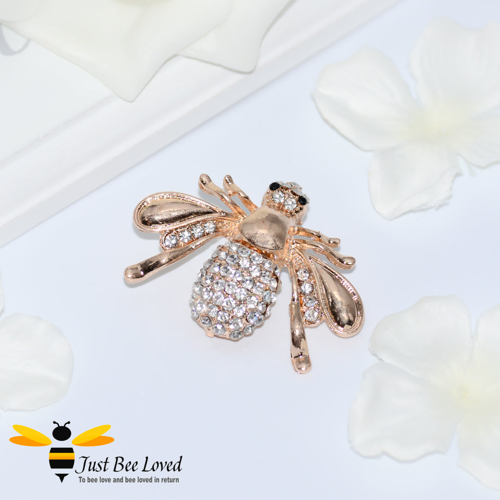 Rose gold colour Bee Brooch with clear crystals