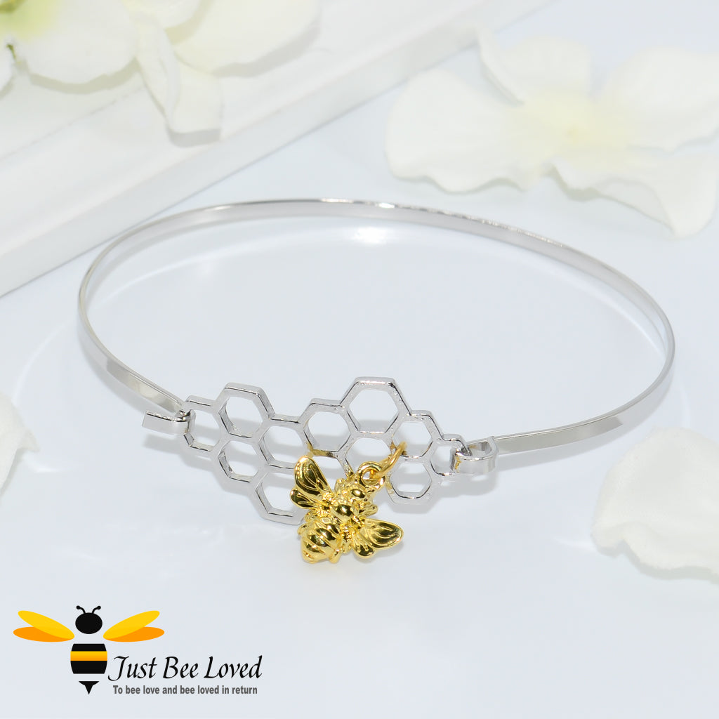 Honeycomb & Bee Pendant Silver Bangle 