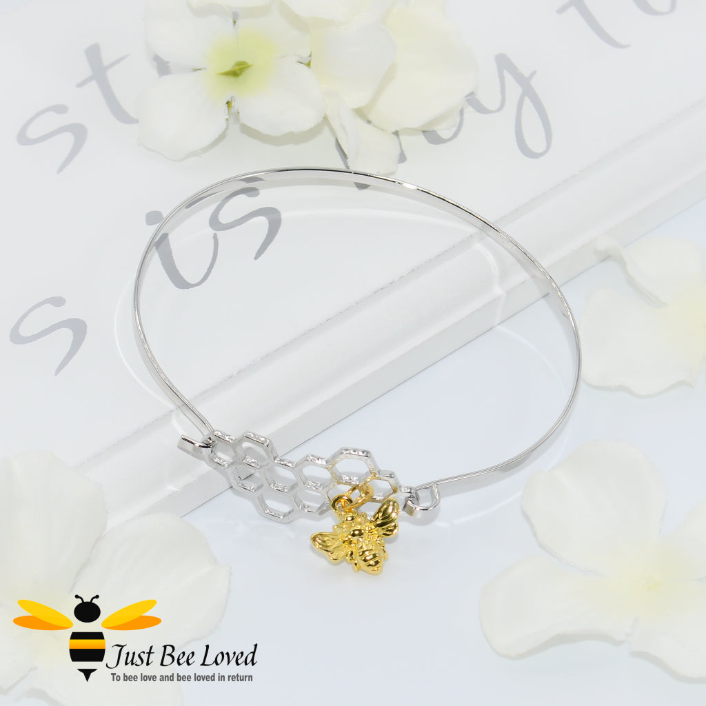 Honeycomb & Bee charm silver colour Bangle 