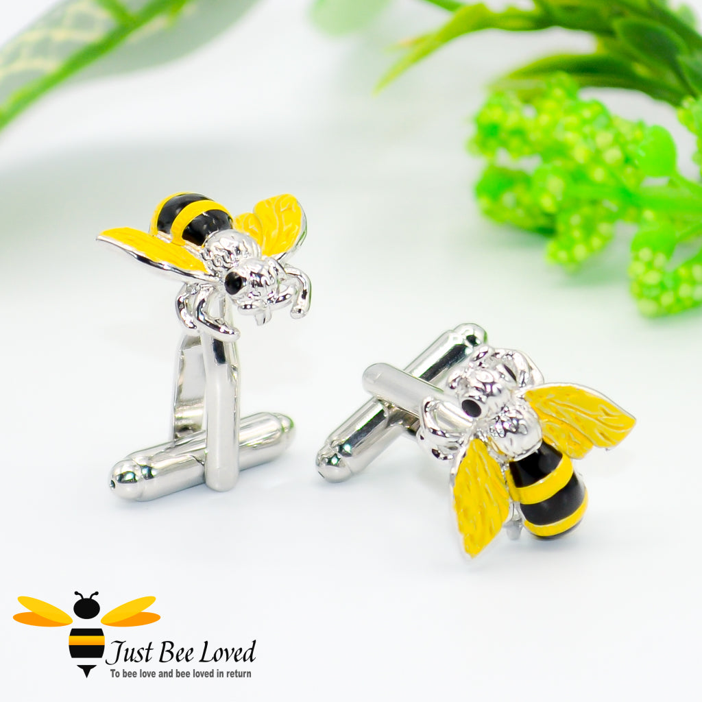 Novelty Bee Cuff Links in Silver colour with black and yellow colours Gifts For Men