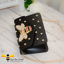 Load image into Gallery viewer, Large Rhinestone Bee Embellishment and Pearl studs PU Leather Handbag with gold chain strap in black colour