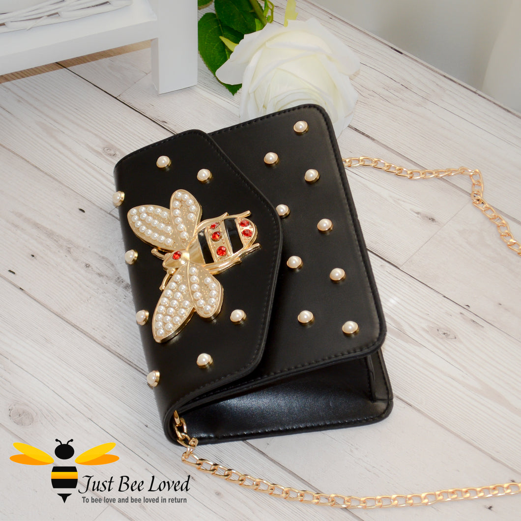 Large Rhinestone Bee Embellishment and Pearl studs PU Leather Handbag with gold chain strap in black colour