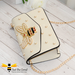 Just Bee Loved Luxury Large Rhinestone Bee Embellishment and Pearl studs PU Leather Handbag with gold chain strap in cream colour