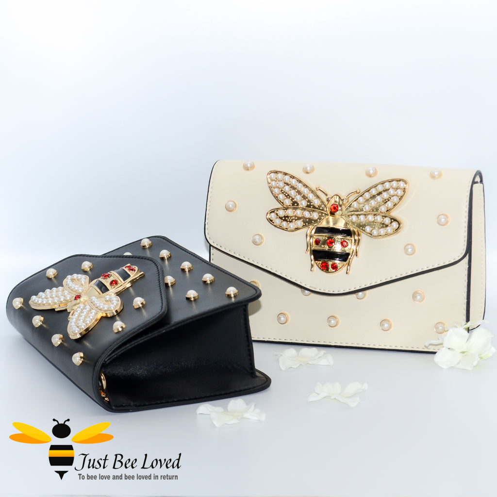 Just Bee Loved Luxury Large Rhinestone Bee Embellishment and Pearl studs PU Leather Handbag with gold chain strap in cream and black colours