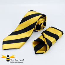 Load image into Gallery viewer, Men&#39;s pure silk black and yellow diagonal striped tie and handkerchief set, bee inspired