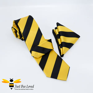 Men's pure silk black and yellow diagonal striped tie and handkerchief set, bee inspired