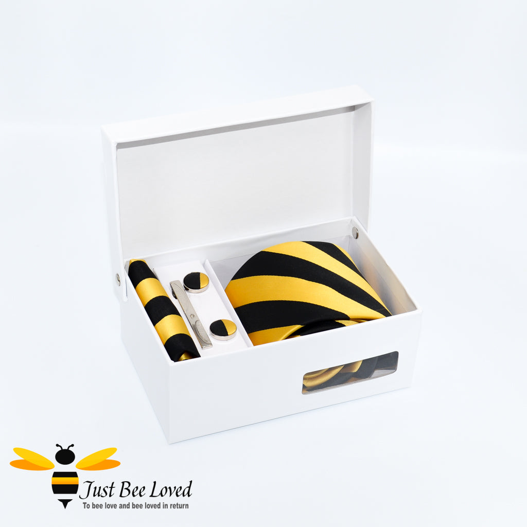 Black Yellow 4-Piece Tie & Cufflinks Gift Set, diagonal striped design