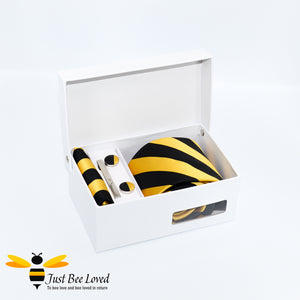 Black Yellow 4-Piece Tie & Cufflinks Gift Set, diagonal striped design