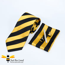 Load image into Gallery viewer, Black and Yellow 4-Piece Tie &amp; matching Cufflinks, tie pin and handkerchief Gift Set, diagonal striped design