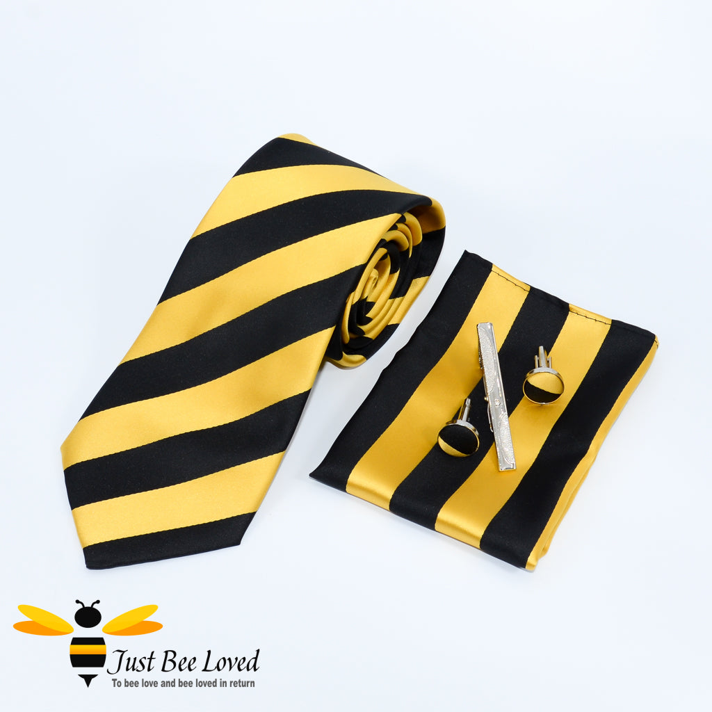 Black and Yellow 4-Piece Tie, Cufflinks, tie pin, handkerchief Gift Set