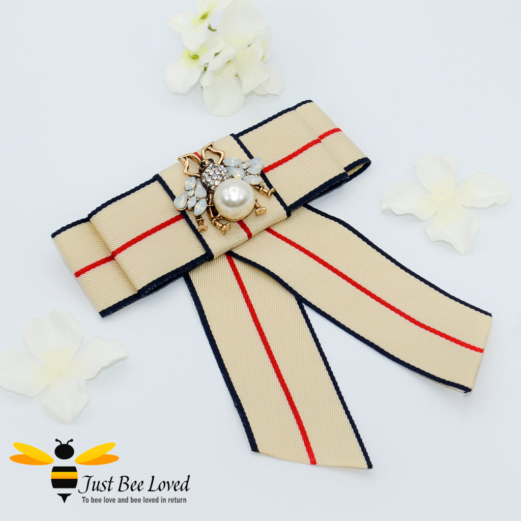 Ladies Beige Ribbon Crystal and Pearl Bee Bow Tie