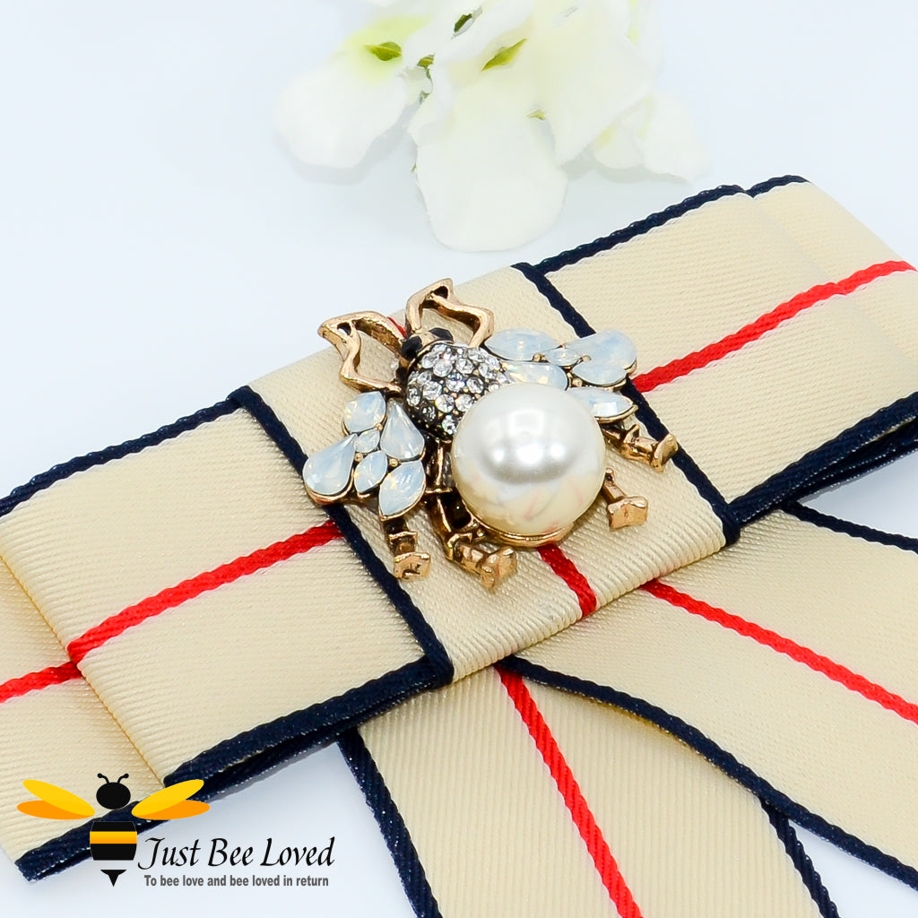 Ladies Beige Ribbon Crystal and Pearl Bee Bow Tie