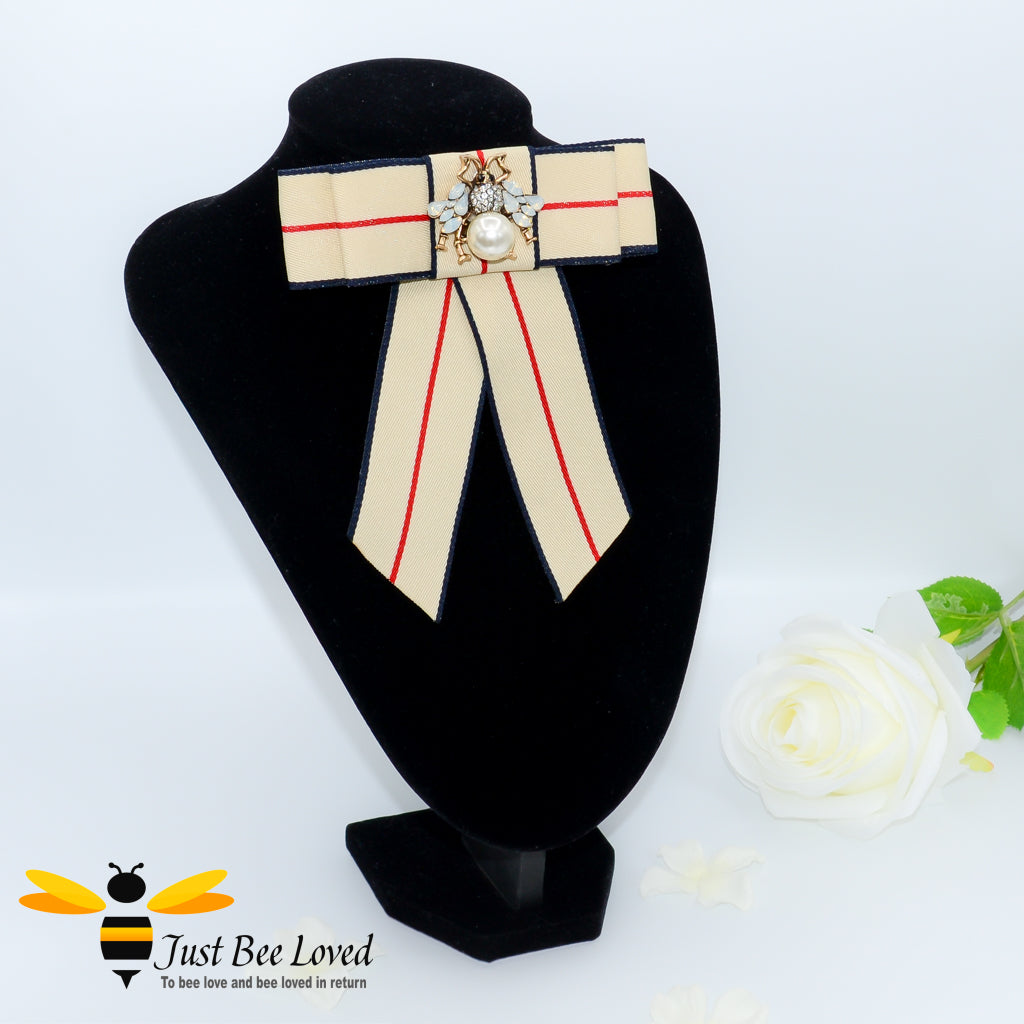 Ladies Beige Ribbon Crystal and Pearl Bee Bow Tie