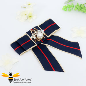 Ladies Navy Ribbon Crystal and Pearl Bee Bow Tie