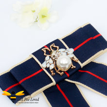 Load image into Gallery viewer, Ladies Navy Ribbon Crystal and Pearl Bee Bow Tie