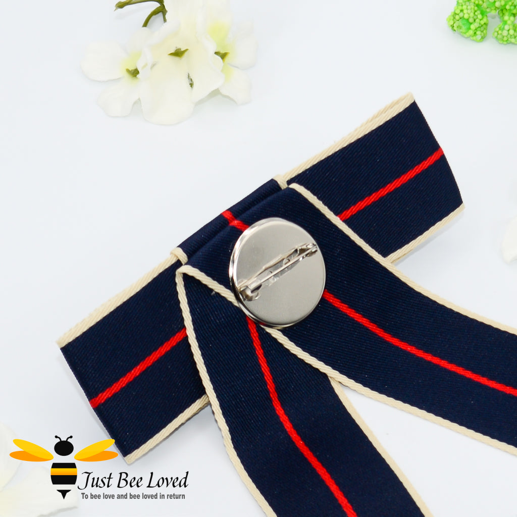 Ladies Navy Ribbon Crystal and Pearl Bee Bow Tie