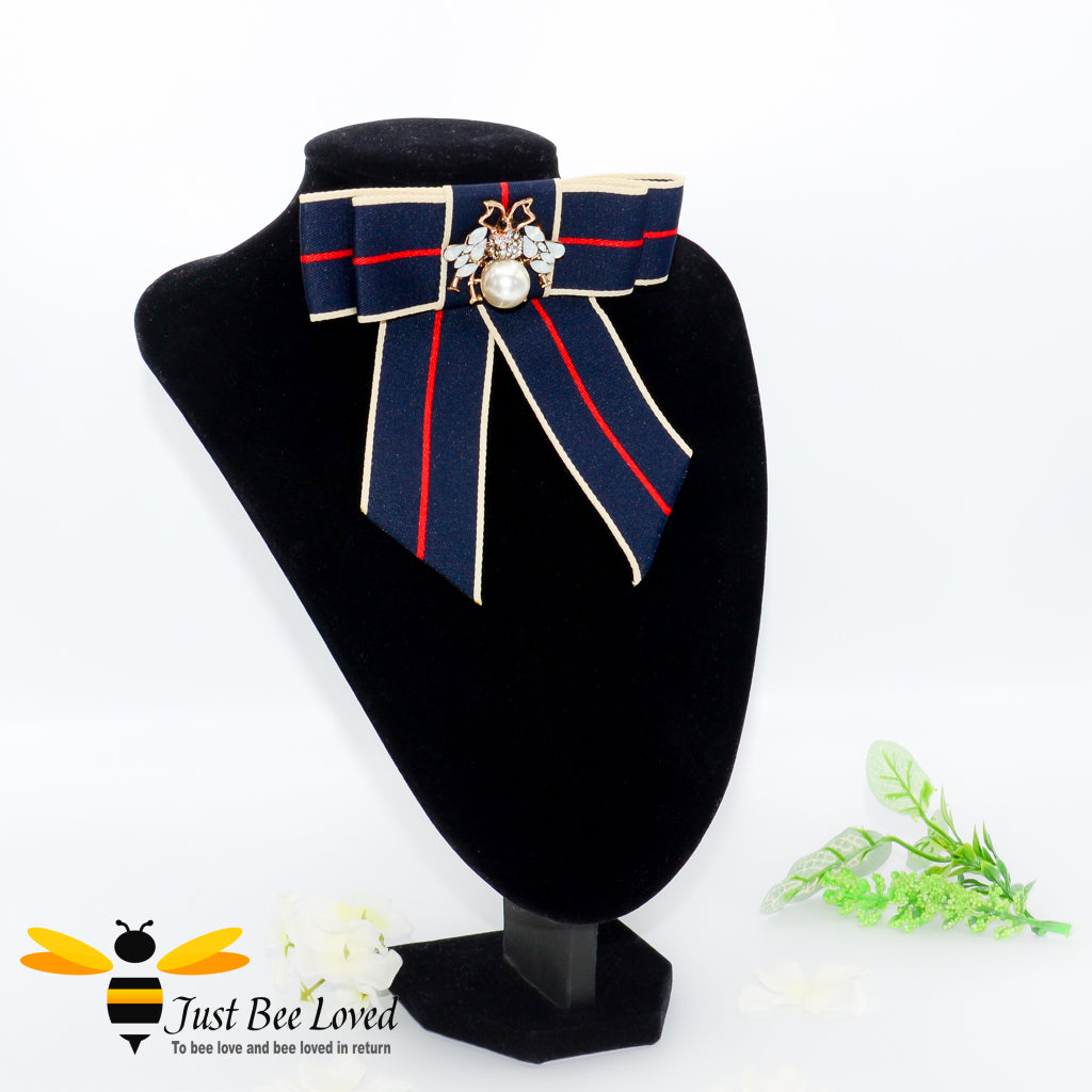 Ladies Navy Ribbon Crystal and Pearl Bee Bow Tie