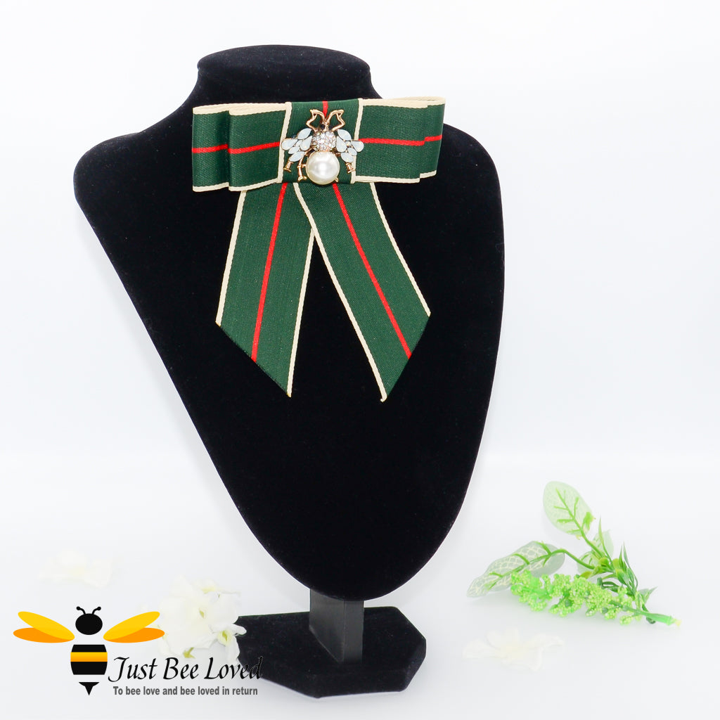 Ladies Green Ribbon Crystal and Pearl Bee Bow Tie