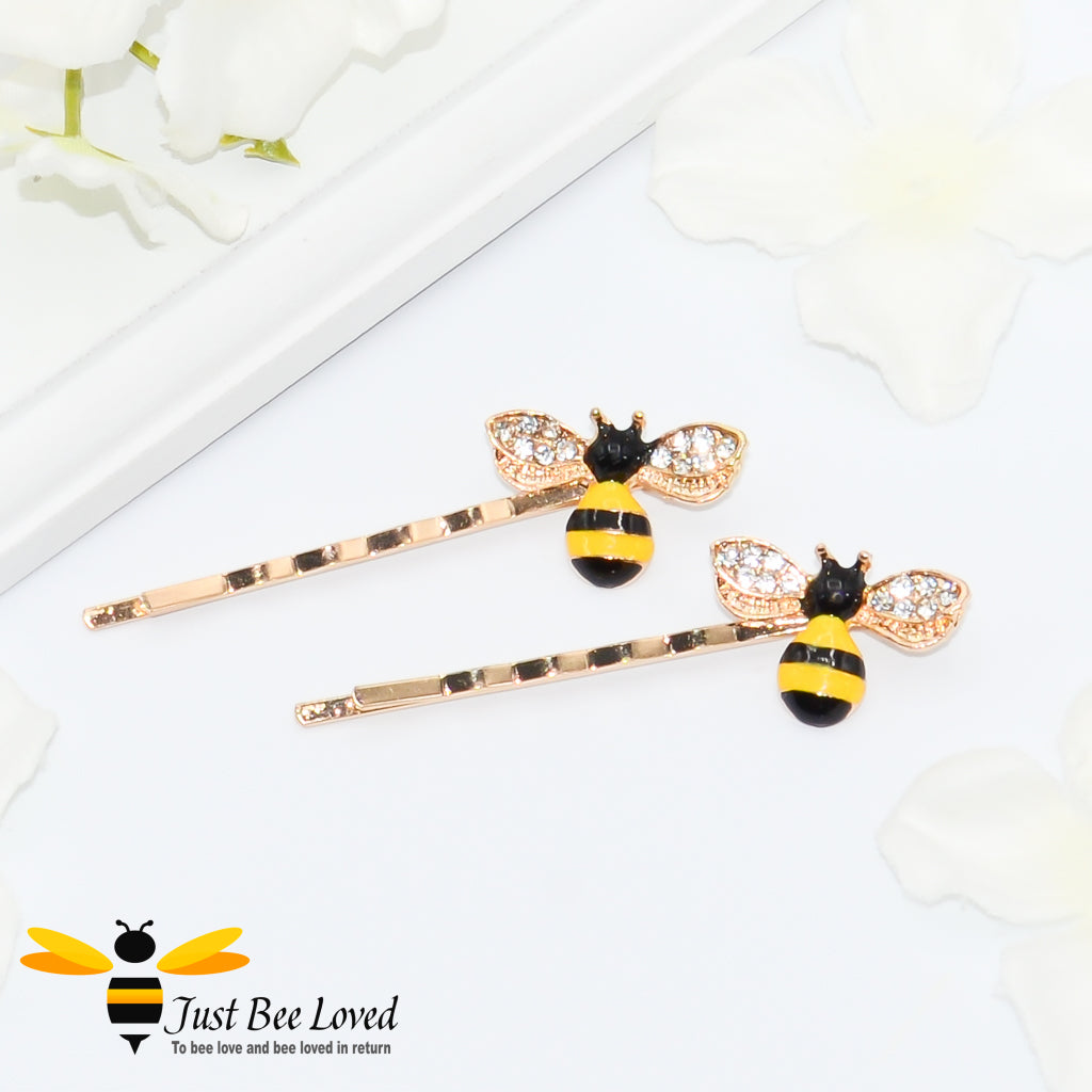 Pair of Rhinestone enamelled Bee Hair Pin Grips in black and yellow and pink and blue