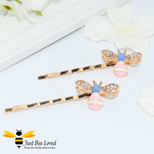 Pair of Rhinestone enamelled Bee Hair Pin Grips in black and yellow and pink and blue