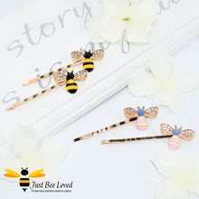 Load image into Gallery viewer, Pair of Rhinestone enamelled Bee Hair Pin Grips in black and yellow and pink and blue