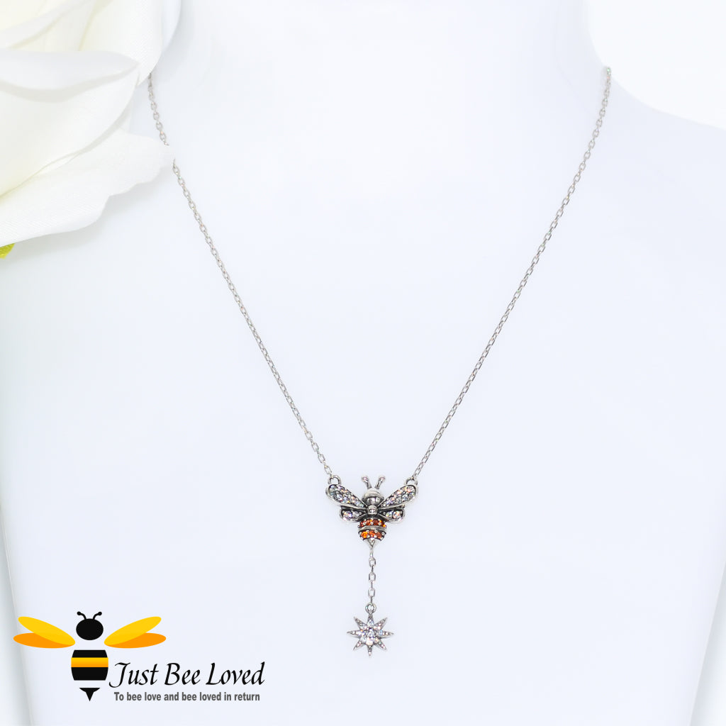 Sterling Silver Star & Bee Dangle Pendant Necklace