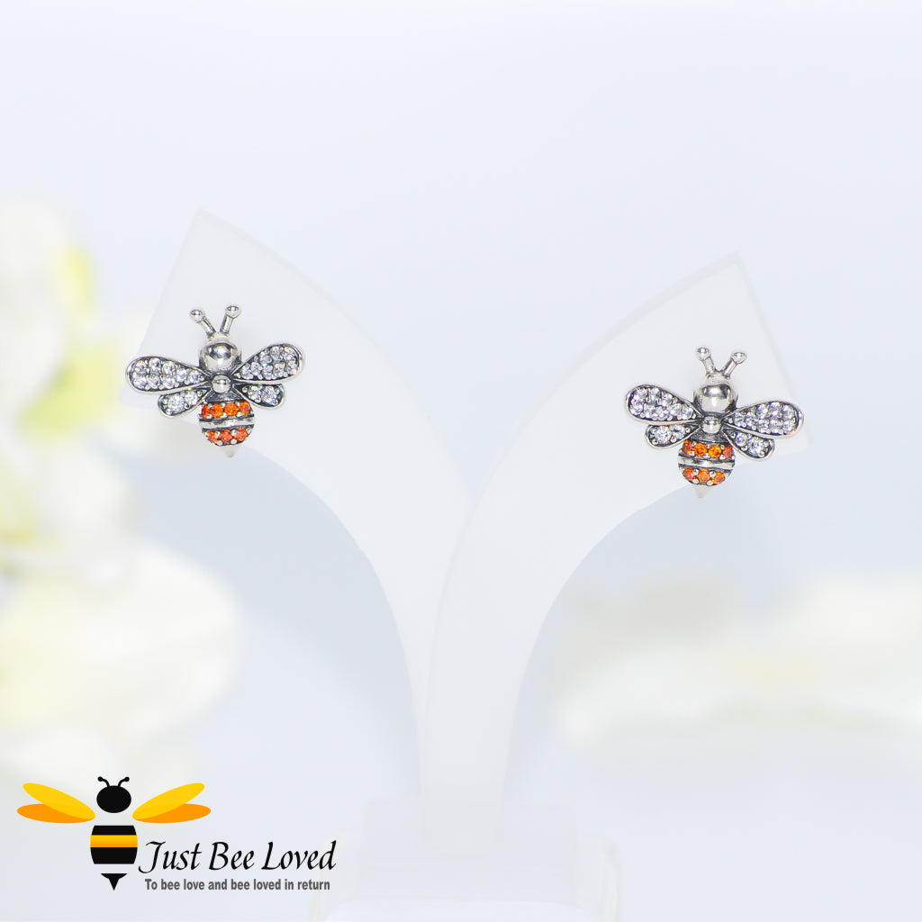Sterling silver 925 bee stud earrings with orange and white crystals