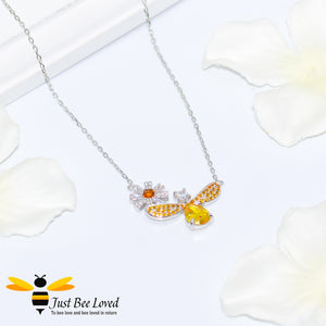 Sterling Silver 925 Bee & Daisy Pendant Necklace inlaid with orange and white cubic zircon crystals