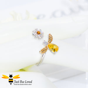 Sterling Silver 925 Bee & Daisy Open Ring inlaid with orange and white cubic zircon crystals