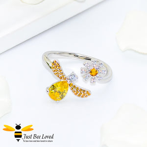 Sterling Silver 925 Bee & Daisy Open Ring inlaid with orange and white cubic zircon crystals